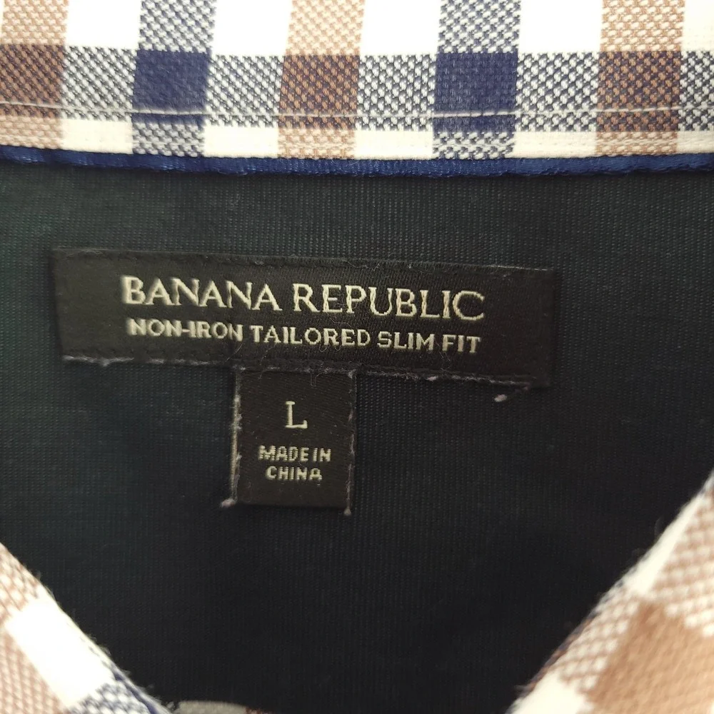 Banana Republic Dress Shirt Mens L Brown Navy Gingham Slim Fit Non Iron Oxford
